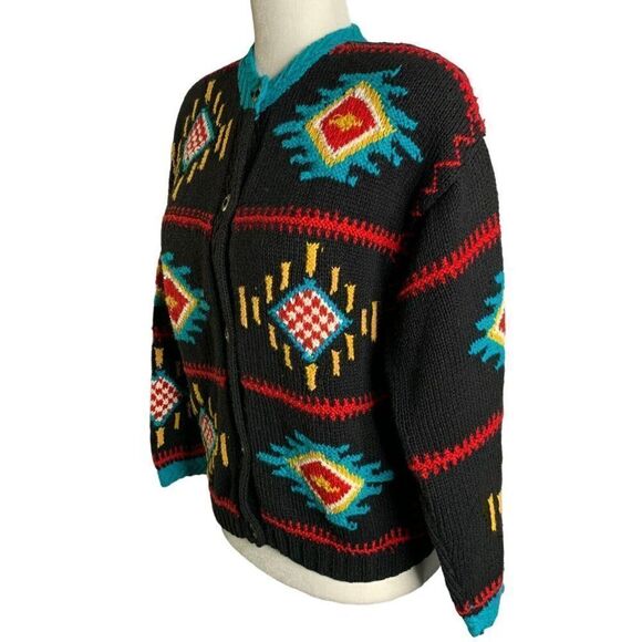 Vintage 80s Heavy Knit Cardigan Sweater S Black Southwestern Aztec Bold Color - Picture 5 of 6